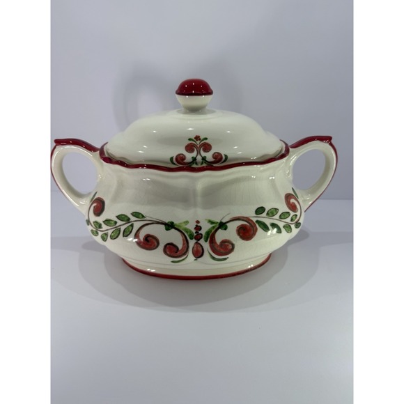 The Unbranded Brand Other - Vintage Hand Painted Soup Tureen with Lid Red Green Scroll Floral Made In Italy
